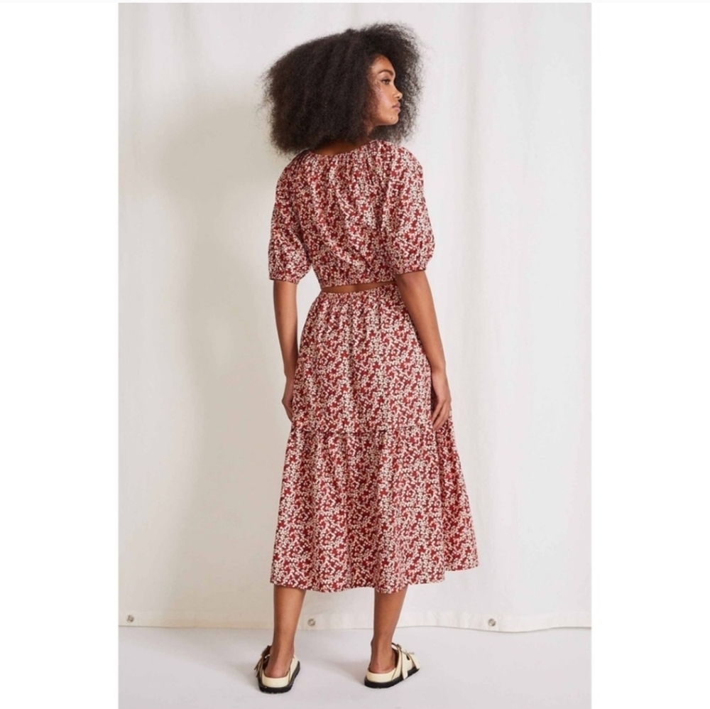 Apiece Apart Nova Red Floral Midi Dress M Organic Cotton Cut Out Back Pockets - Picture 3 of 16